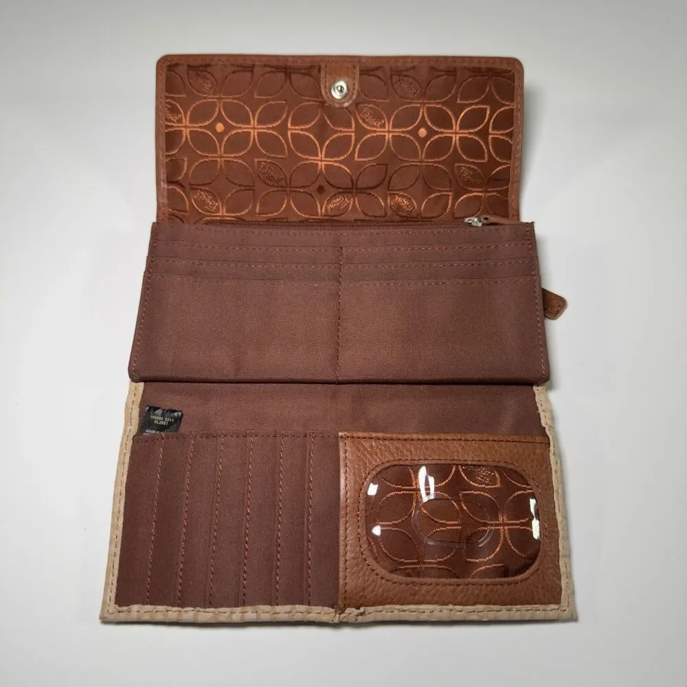 Fossil Wallet Brown Leather Snake Skin Pattern Card Holder Zipper Pockets NWOT
